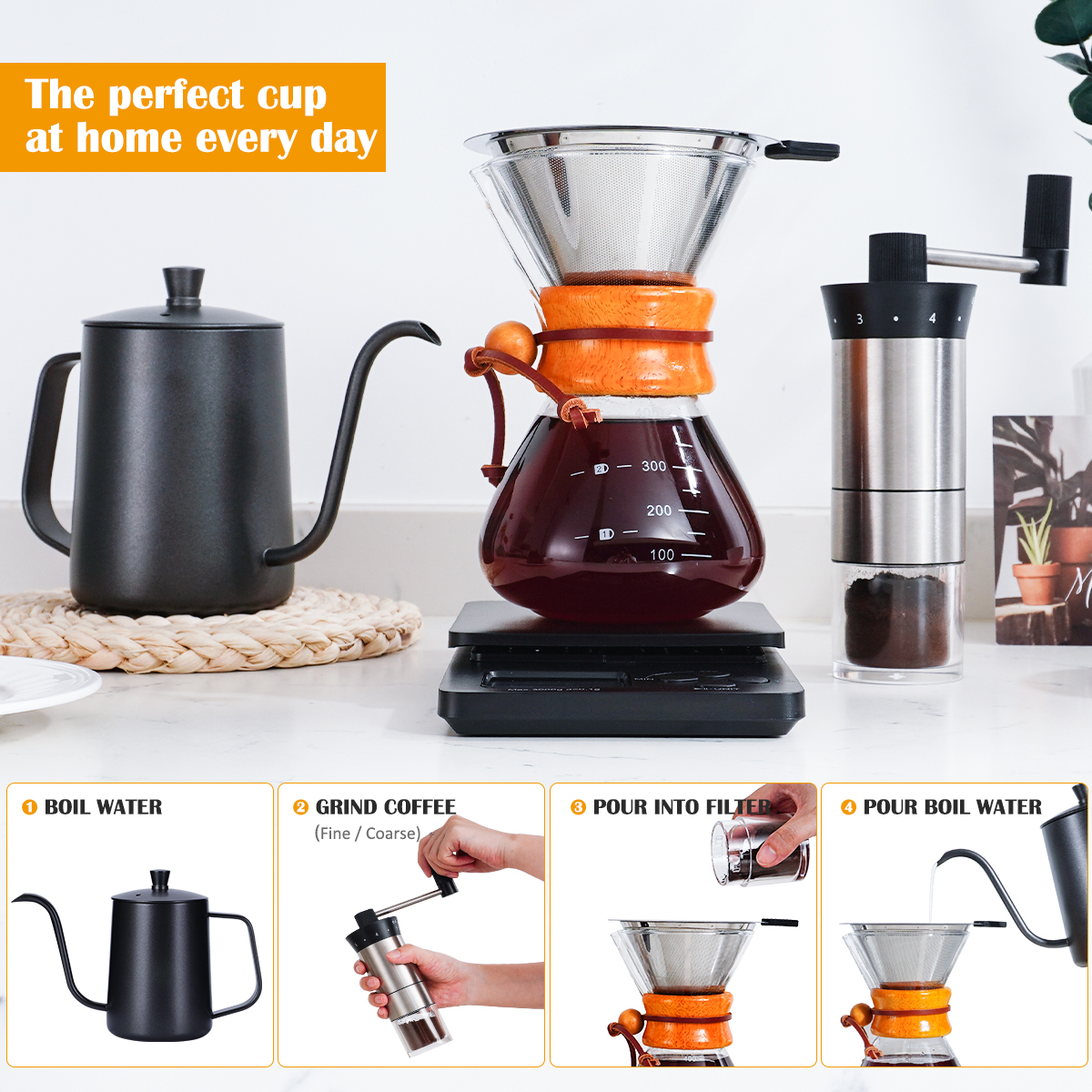 Amazon Hot Sell Coffee Grinder Gooseneck Kettle Glass Pot Reusable Coffee Filter Gift Set Manual Coffee Maker Set